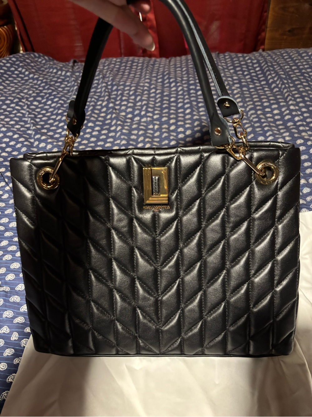Karl Lagerfeld Quilted Black Leather Tote Bag with Gold Hardware